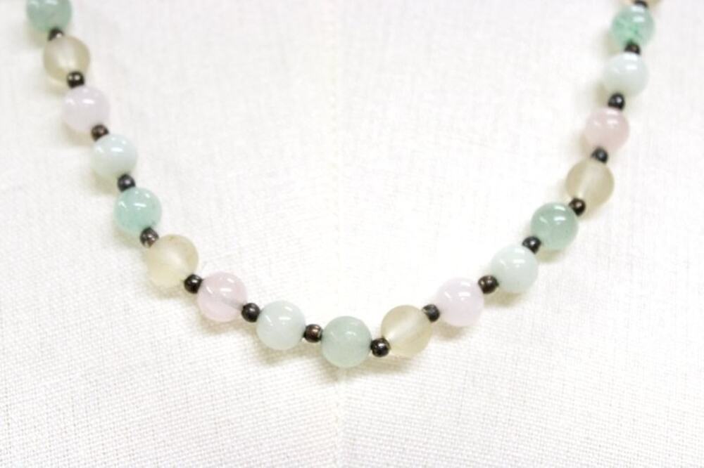 Vintage Pastel Gemstone Bead Necklace Rose Quartz Aventurine Jade Silver 24"